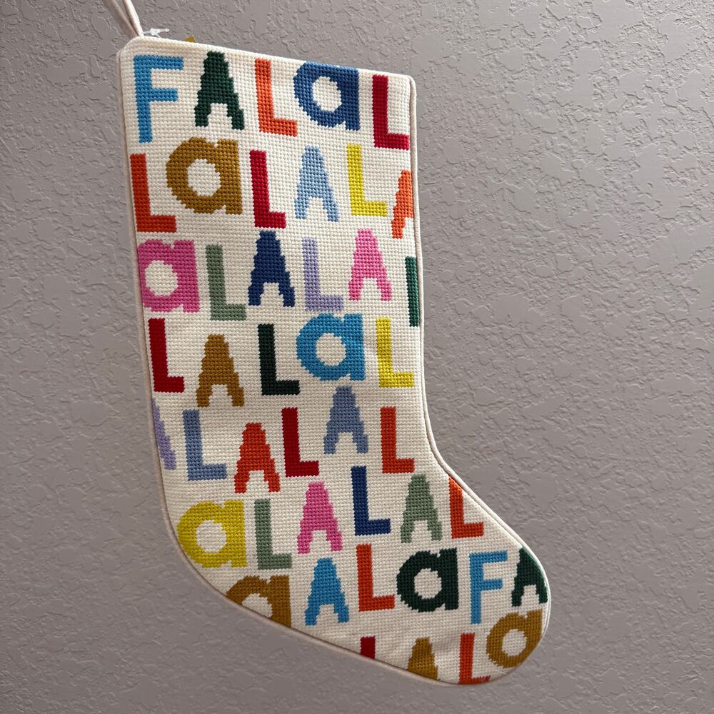 Fa La La Multicolored Embroidered Needlepoint Style Christmas‎ Stocking NEW